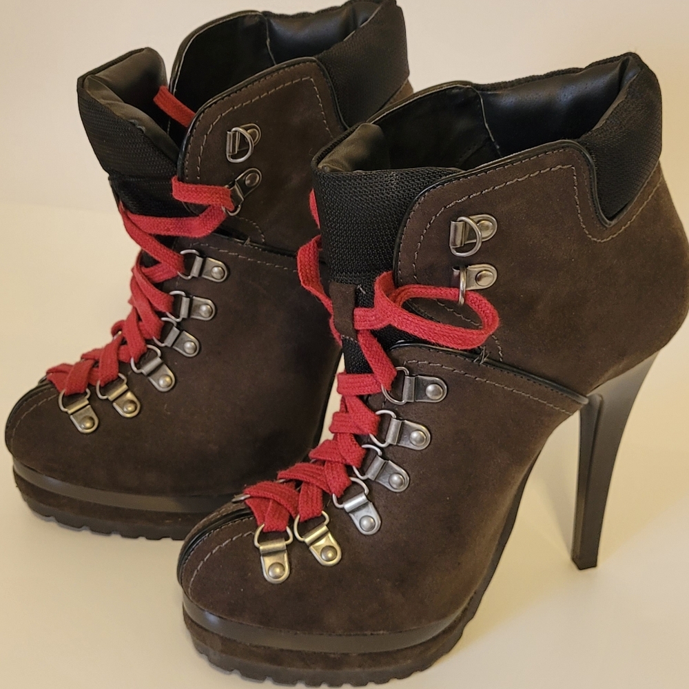 Xhilaration Brown Heeled Boots with Red Laces